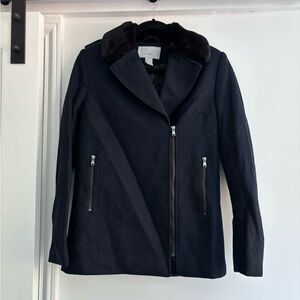 H&M Navy Pea Coat with Black Faux Fur Collar